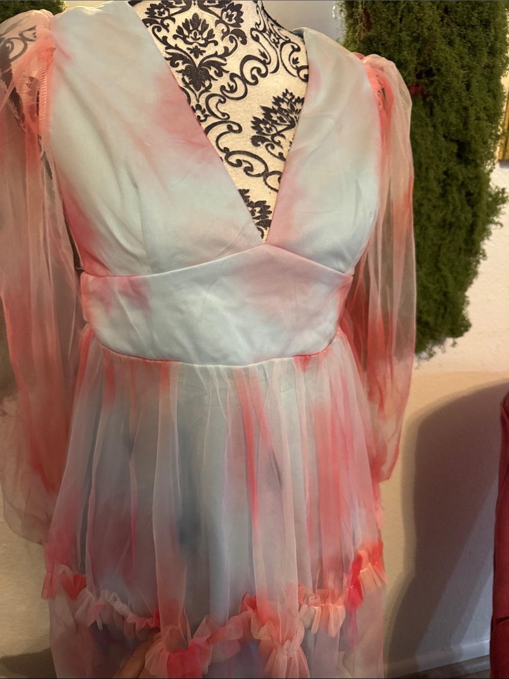 NWT Women's Blue Multicolor Mini Dress with Sheer Puff Sleeves